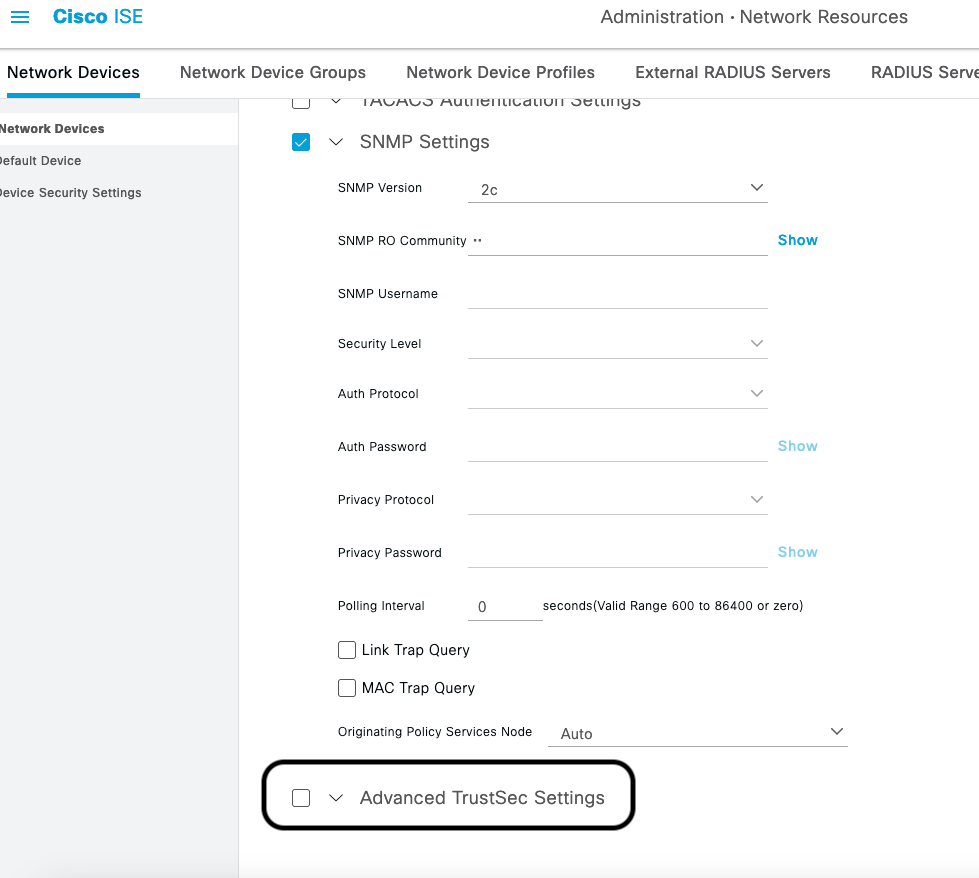 Advanced TrustSec Settings is disabled for this NAD entry