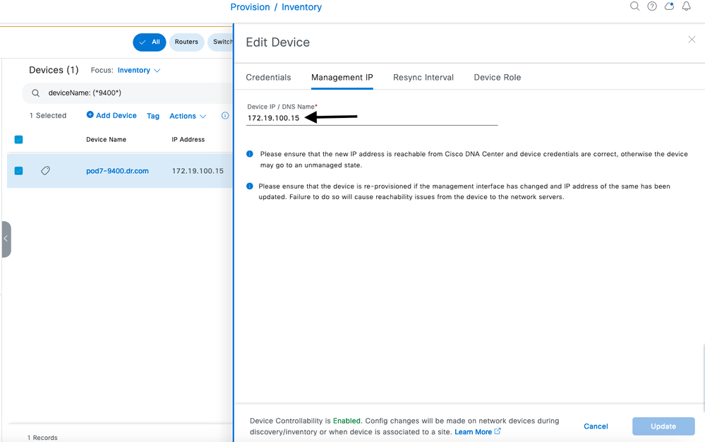 Changing the Management Ip address back to its Original IP