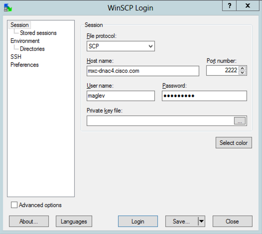 How to Use WinSCP to Extract RCA from Catalyst Center - Choose SCP as the File Protocol and Choose Port Number 2222