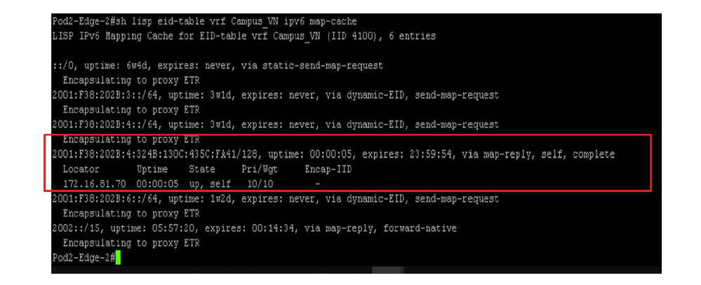 Fabric Edge screen output of IPv6 overlay map-cache information