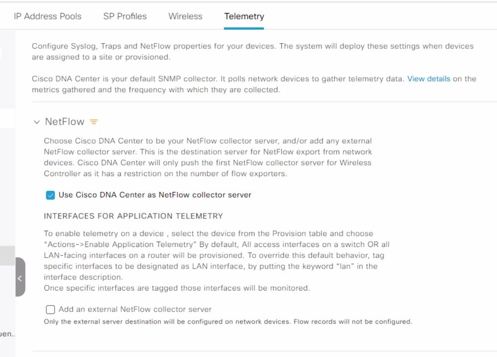 Configurações do coletor Netflow do Cisco DNA Center