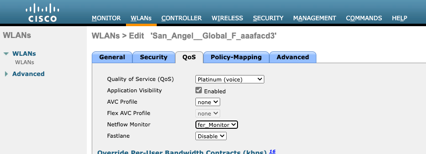 Opções de configuração de qualidade de serviço do Netflow da GUI da WLC