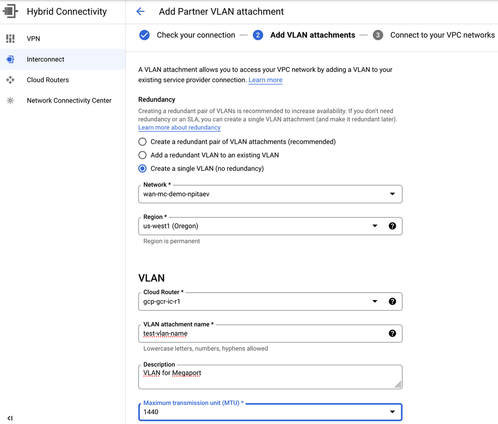 GCP Console where the VLAN is Attached to Google Cloud Router for Interconnect Provisioning