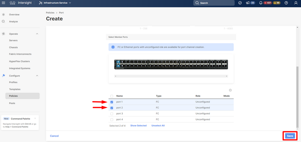 Select the port(s) connected to the MDS