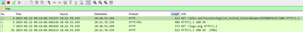 Packet capture sample displaying the communication between the phone and the web server.