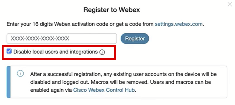 Registro en la ventana emergente de Webex desde la GUI del terminal