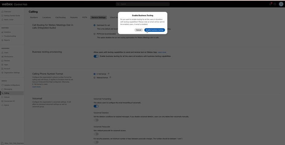 Enable Business Texting at Service Settings