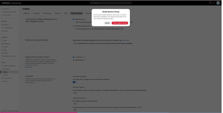 Disable Business Texting at Service Settings