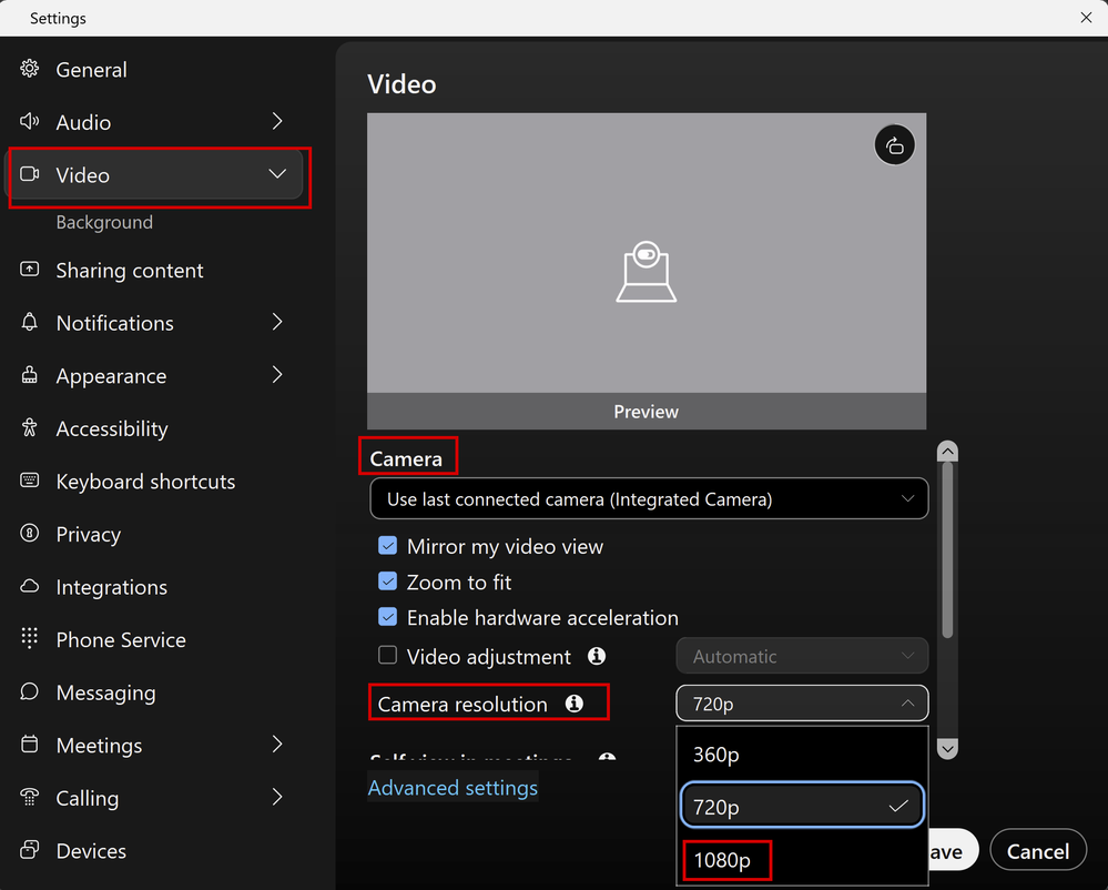 Camera Resolution Settings in Webex App