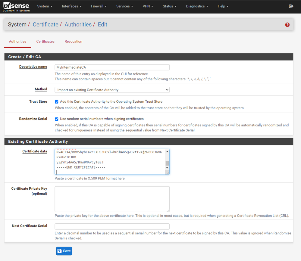 pfSense GUI - CA Intermediate Import