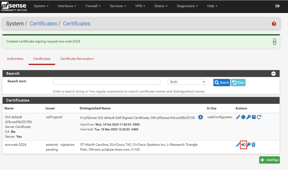 pfSense GUI - CSR Export