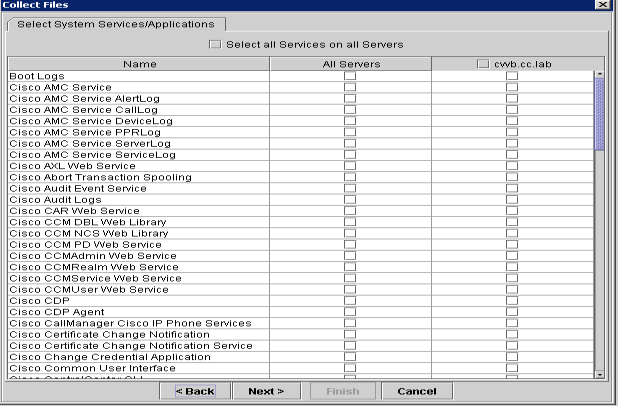 Collect Files dialog box – Select System Services/Applications