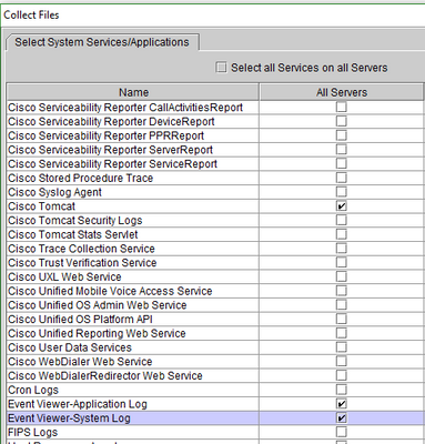 Select Tomcat and Event Viewer Logs for Logs Download