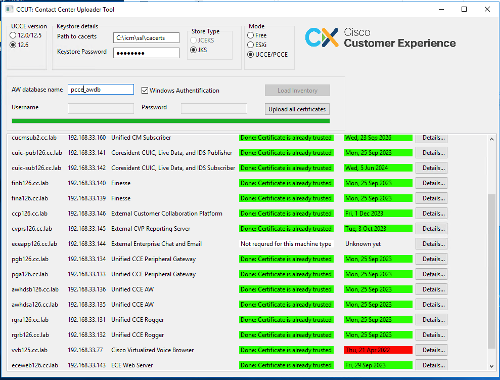 Results of the Upload all certificates button