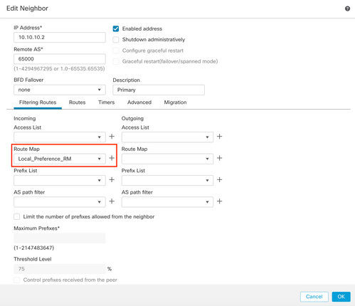 Configure local preference on primary peer