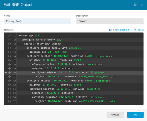 Configure BGP peers on FDM