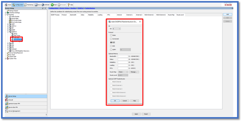 Redistribute Routes Configuration Step 1