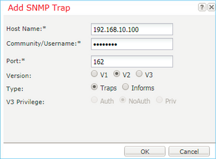 FTD SNMP - Configure FXOS SNMP v1 or v2c - Add SNMP Trap dialog box