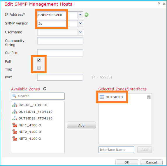 FTD SNMP - Configure LINA SNMPv2c - Edit SNMP Management Hosts dialog box