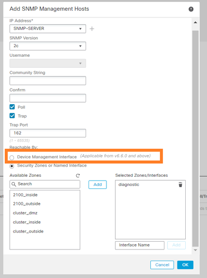 FTD SNMP - Configure LINA SNMPv2c - Choose the management interface in FTD releases later than 6.6