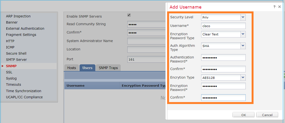 FTD SNMP - Configure LINA SNMPv3 - Add Username dialog box