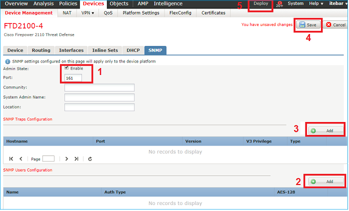 FTD SNMP - Configure FXOS SNMPv3 - Device Management tab