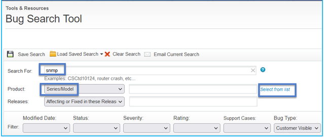 FTD SNMP - Search for SNMP defects - Bug Search Tool query example