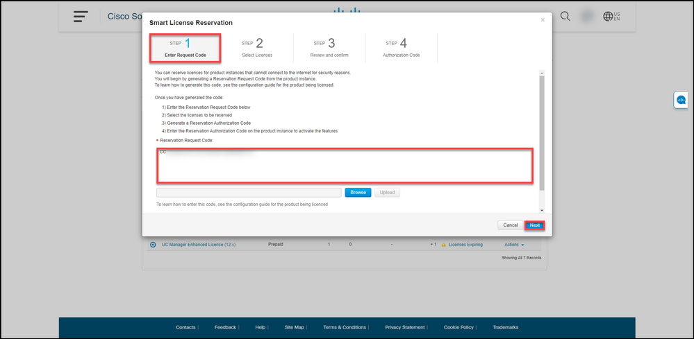 Reserving licenses - Enter request code