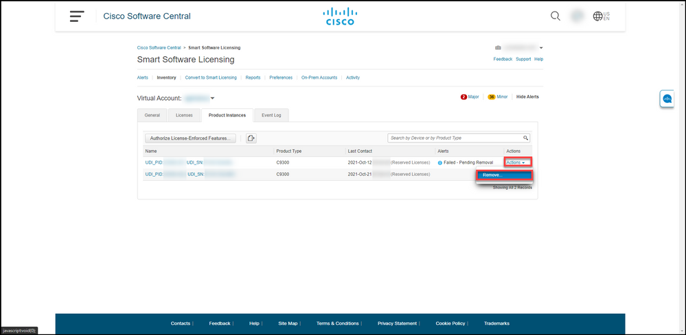 Removing product instance - Select Actions