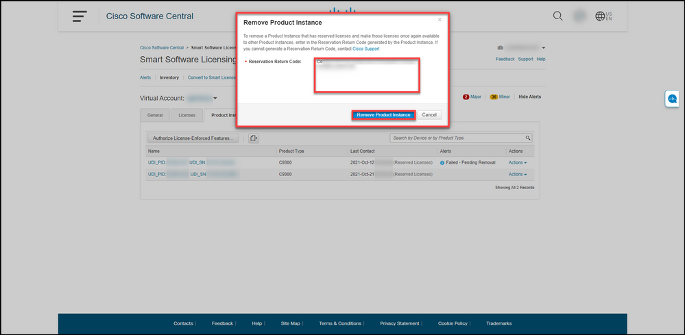 Removing product instance - Enter reservation return code