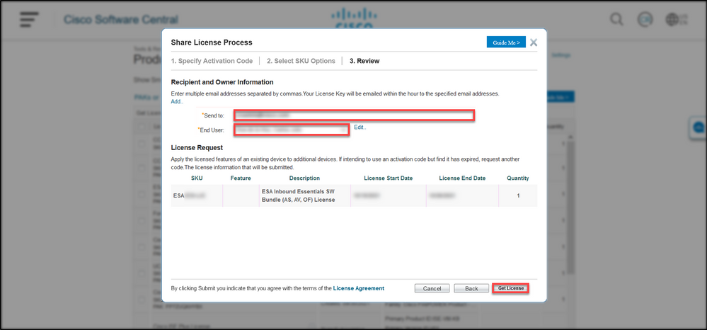 Sharing SEG (IronPort) Traditional Licenses with Multiple Devices - Enter recipient and owner information