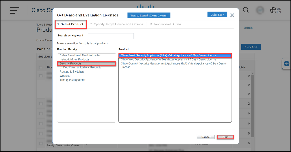 Generating a Demo or Evaluation License for SEG (IronPort) - Select product