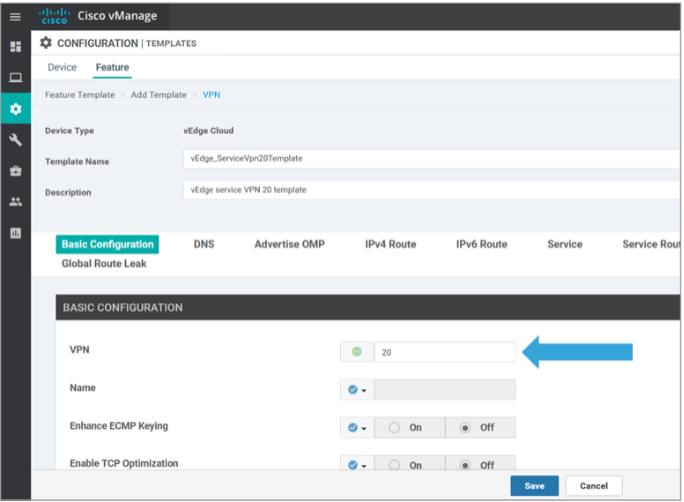 Displays VPN feature template and its options to configure