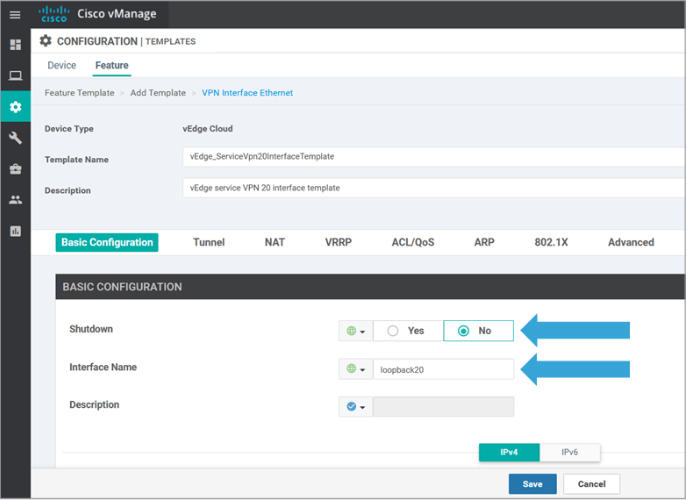 Displays VPN Interface Ethernet feature template and its options to configure