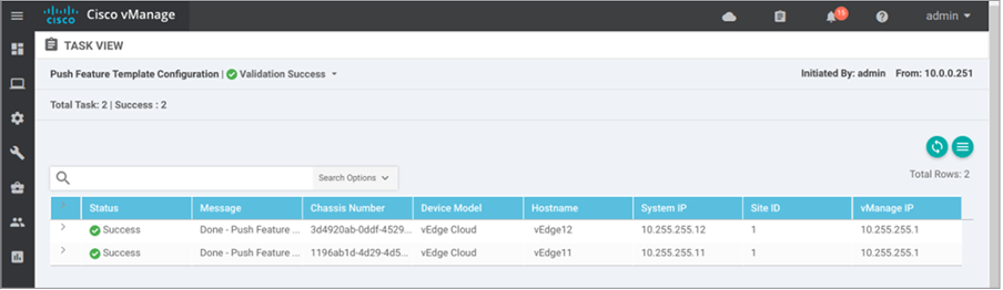 Displays Success status after configuration is successfully pushed to the devices