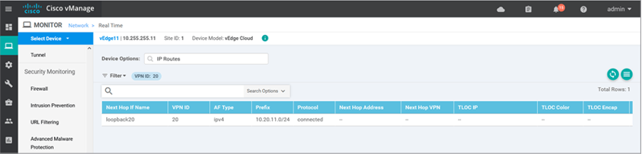 Displays newly configured VPN 20 and its details for device vEdge11