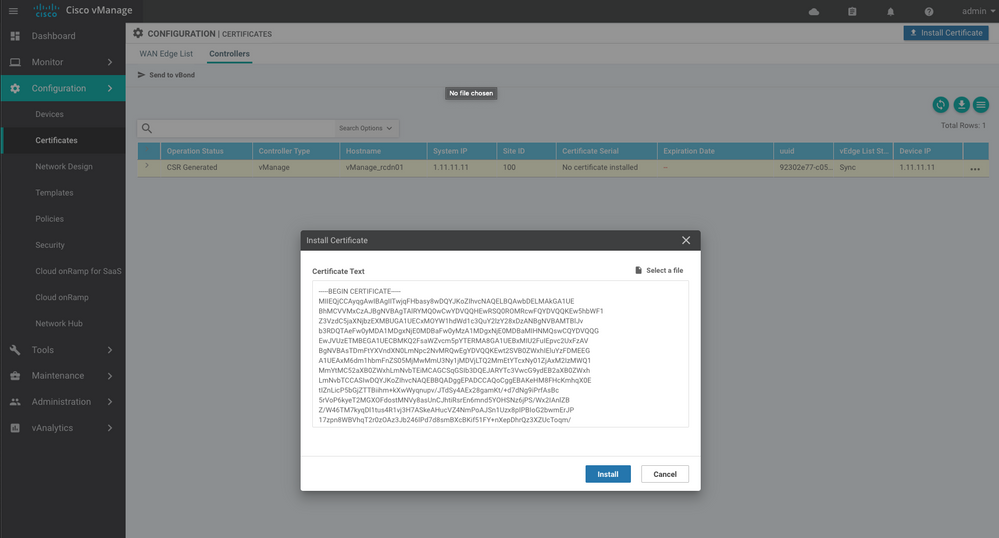 vManage Install Certificate
