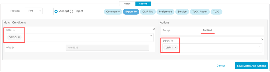 VRF 5からVRF 1へのルーティング情報のエクスポート