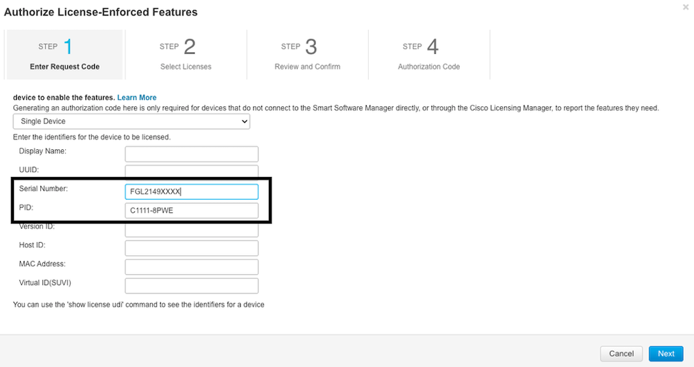 Enter Serial Number and PID