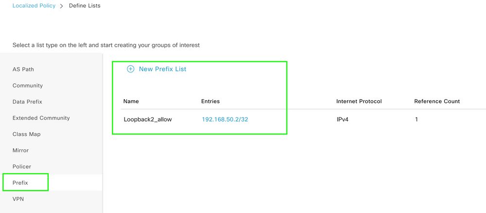 Localized Policy Custom Prefix List