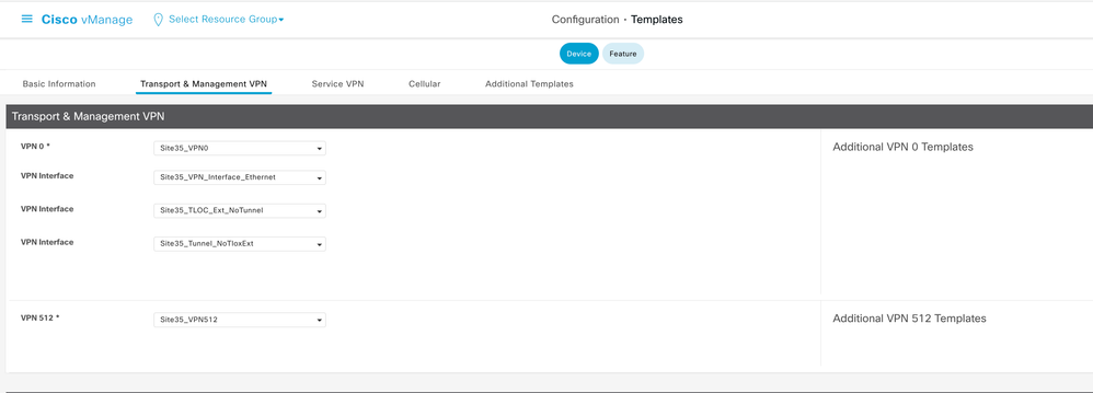 Device Template Details with Feature Templates Transport and Management