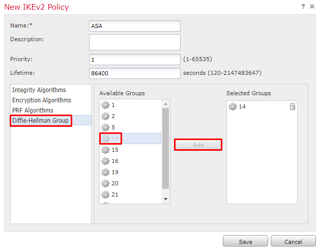 Cisco Firepower VPN Configuration - Configure IKE parameters - New IKEv2 Policy - Diffie-Helman Group