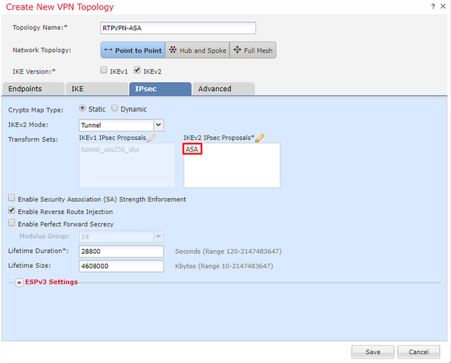 Cisco Firepower VPN Configuration - Configure IPsec - Edit lifetime duration and enable or disable PFS