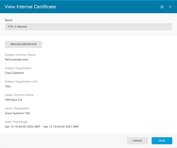 View Installed Certificates in FDM - Navigate to Objects, then Certificates to View Internal Certificate