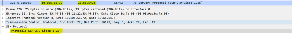 Server's Protocol Version is SSH2.0 and Software Version is Cisco 1.25