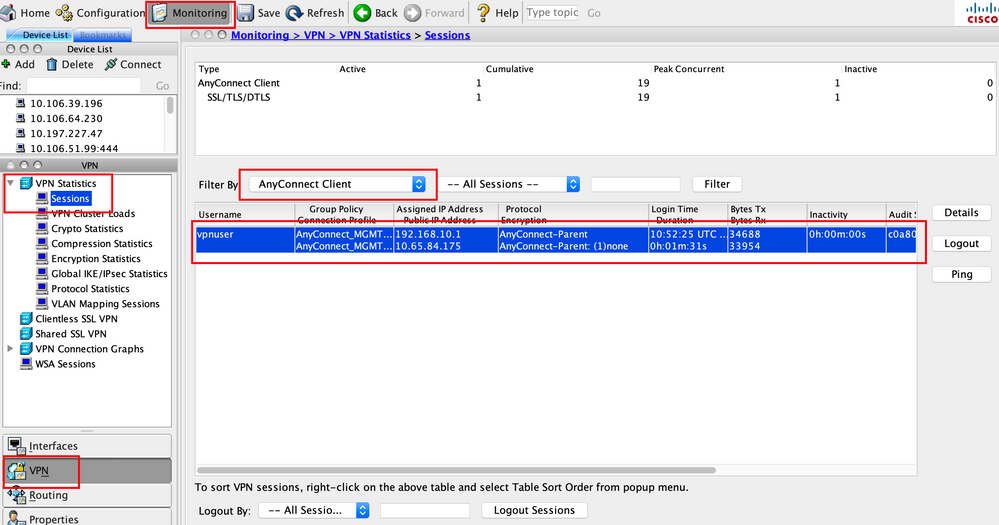 Verify the Management VPN Tunnel Connection on ASDM