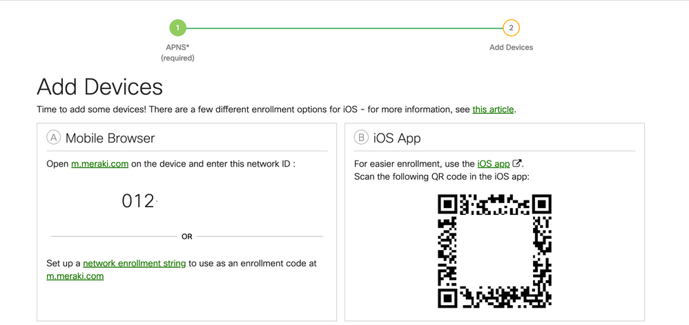 Enrollment menu for iOS device