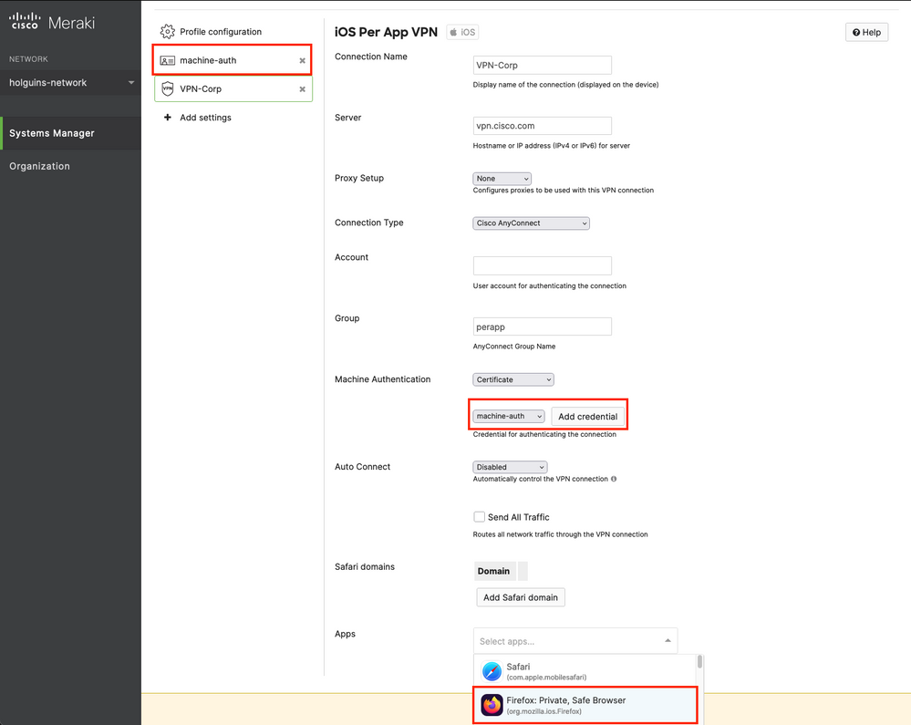 Menu to confirm PerApp parameters prior to deployment