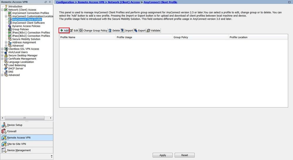 Configure NVM client profile via ASDM - Add AnyConnect Client Profile