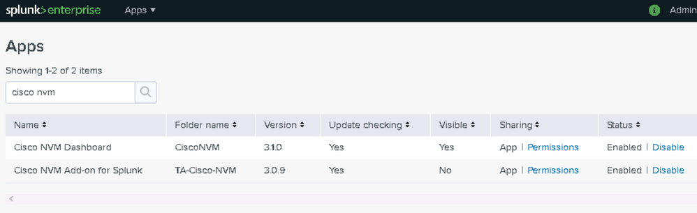 Splunk setup - Cisco NVM Dashboard and Cisco NVM Add-On for Splunk listed on Splunk Apps page
